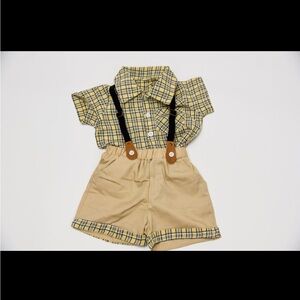 Toddler Plaid Shirt & Tan Shorts Set with Black Suspenders